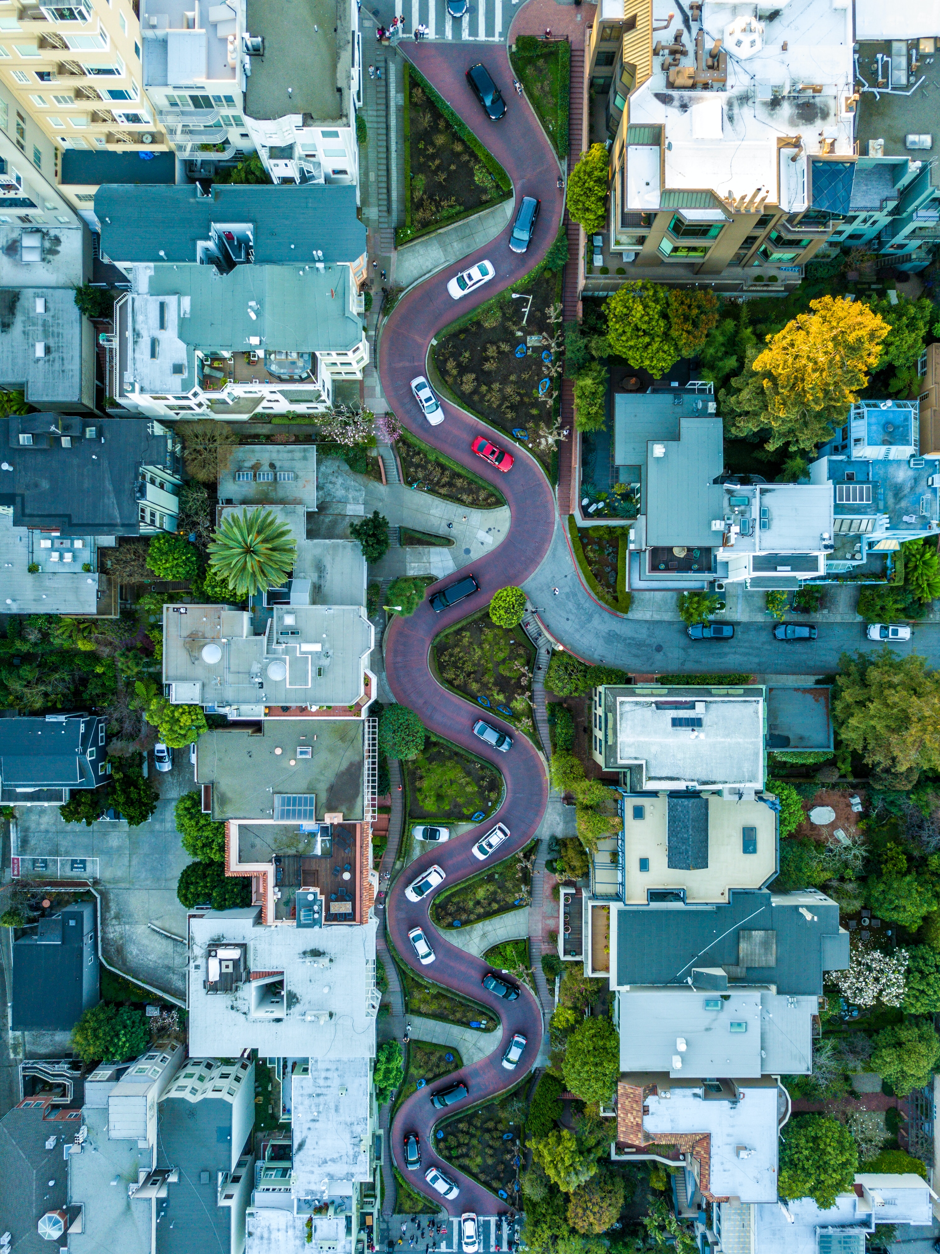 An aerial, almost dizzying, view of a winding street in San Francisco, California, USA. Driveways to homes come off the tight curves of the road.