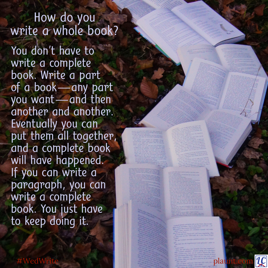 A winding pathway of open books on leaf-covered ground. Caption: How do you write a whole book? You don’t have to write a complete book. Write a part of a book—any part you want—and then another and another. Eventually you can put them all together, and a complete book will have happened. If you can write a paragraph, you can write a complete book. You just have to keep doing it.