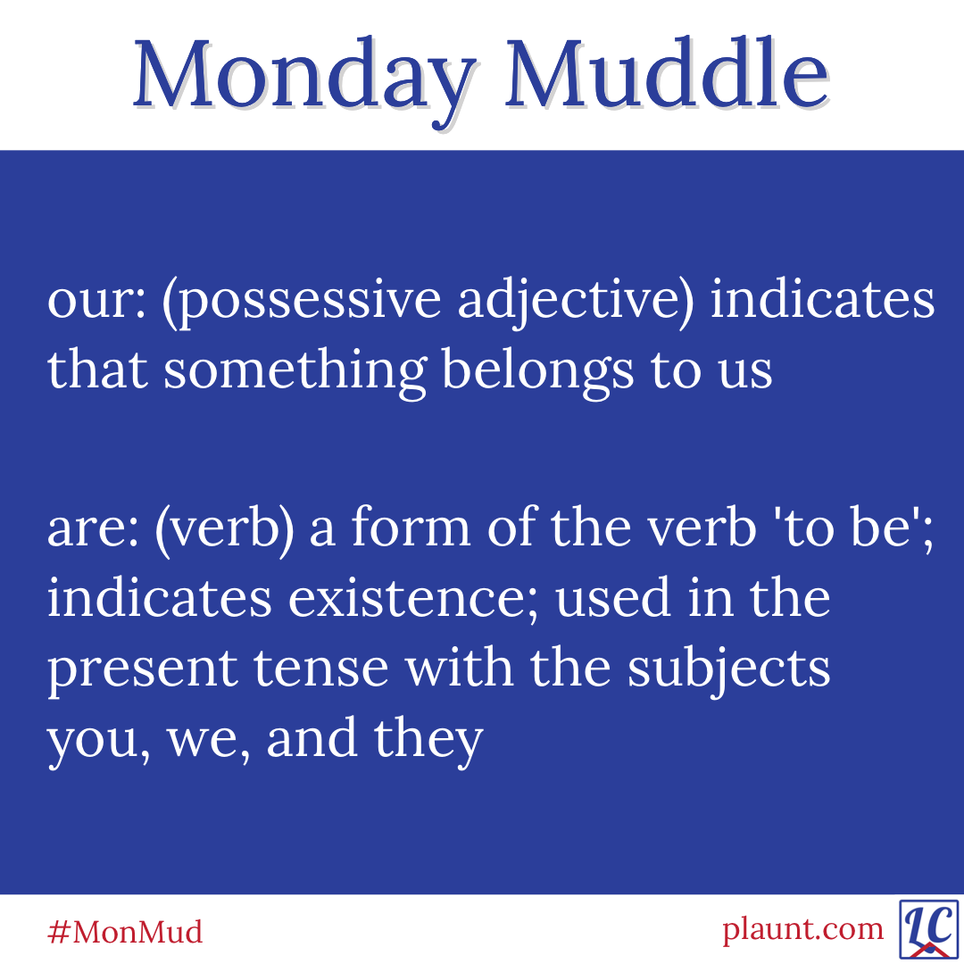 Monday Muddle: our: (possessive adjective) indicates that something belongs to us are: (verb) a form of the verb 'to be'; indicates existence; used in the present tense with the subjects you, we, and they