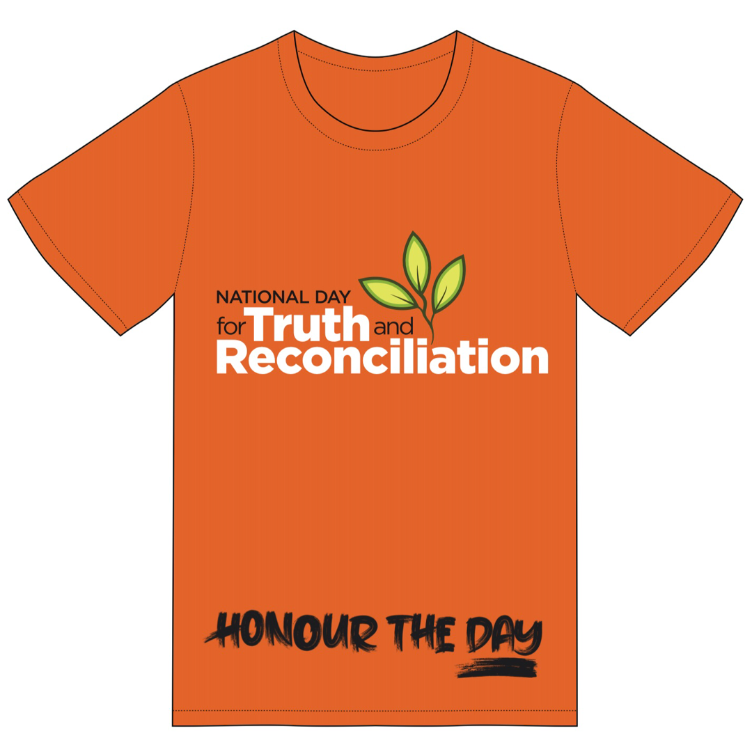 An orange t-shirt with the logo of the National Day for Truth and Reconciliation. "Honour The Day" is written in bold black letters on the bottom.