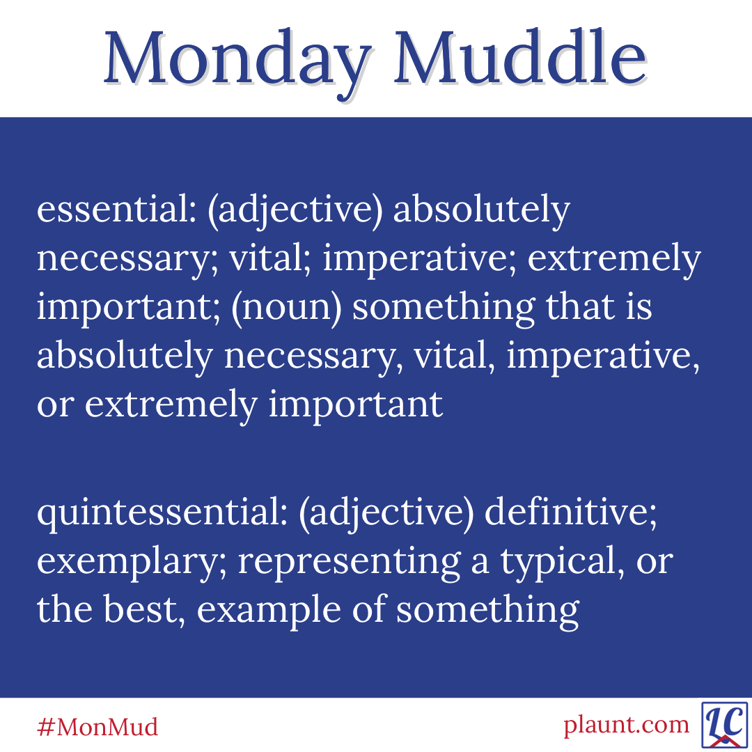Monday Muddle: essential: (adjective) absolutely necessary; vital; imperative; extremely important; (noun) something that is absolutely necessary, vital, imperative, or extremely important quintessential: (adjective) definitive; exemplary; representing a typical, or the best, example of something