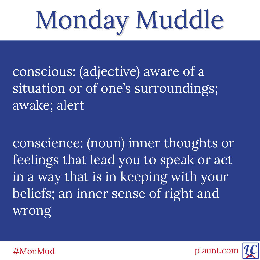 Monday Muddle: conscious: (adjective) aware of a situation or of one's surroundings; awake; alert conscience: (noun) inner thoughts or feelings that lead you to speak or act in a way that is in keeping with your beliefs; an inner sense of right and wrong