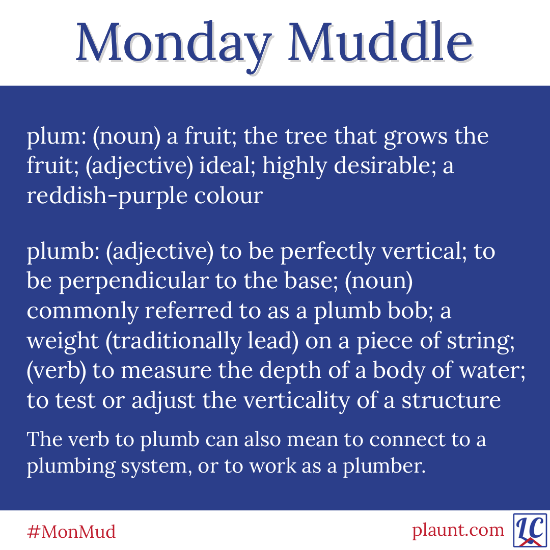 Monday Muddle: plum: (noun) a fruit; the tree that grows the fruit; (adjective) ideal; highly desirable; a reddish-purple colour plumb: (adjective) to be perfectly vertical; to be perpendicular to the base; (noun) commonly referred to as a plumb bob; a weight (traditionally lead) on a piece of string; (verb) to measure the depth of a body of water; to test or adjust the verticality of a structure The verb to plumb can also mean to connect to a plumbing system, or to work as a plumber.
