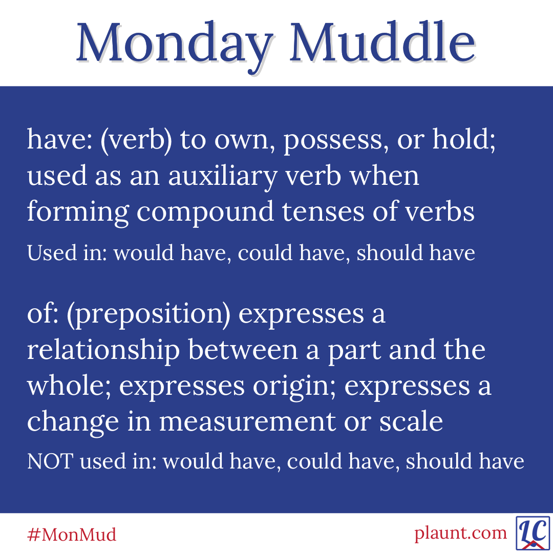 Monday Muddle: have: (verb) to own, possess, or hold; used as an auxiliary verb when forming compound tenses of verbs Used in: would have, could have, should have of: (preposition) expresses a relationship between a part and the whole; expresses origin; expresses a change in measurement or scale NOT used in: would have, could have, should have