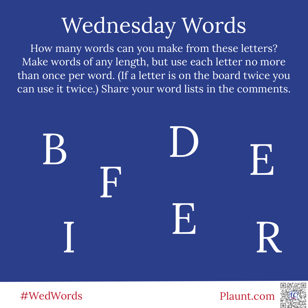 Wednesday Words How many words can you make from these letters? Make words of any length, but use each letter no more than once per word. (If a letter is on the board twice you can use it twice.) Share your word lists in the comments. B D E F I E R