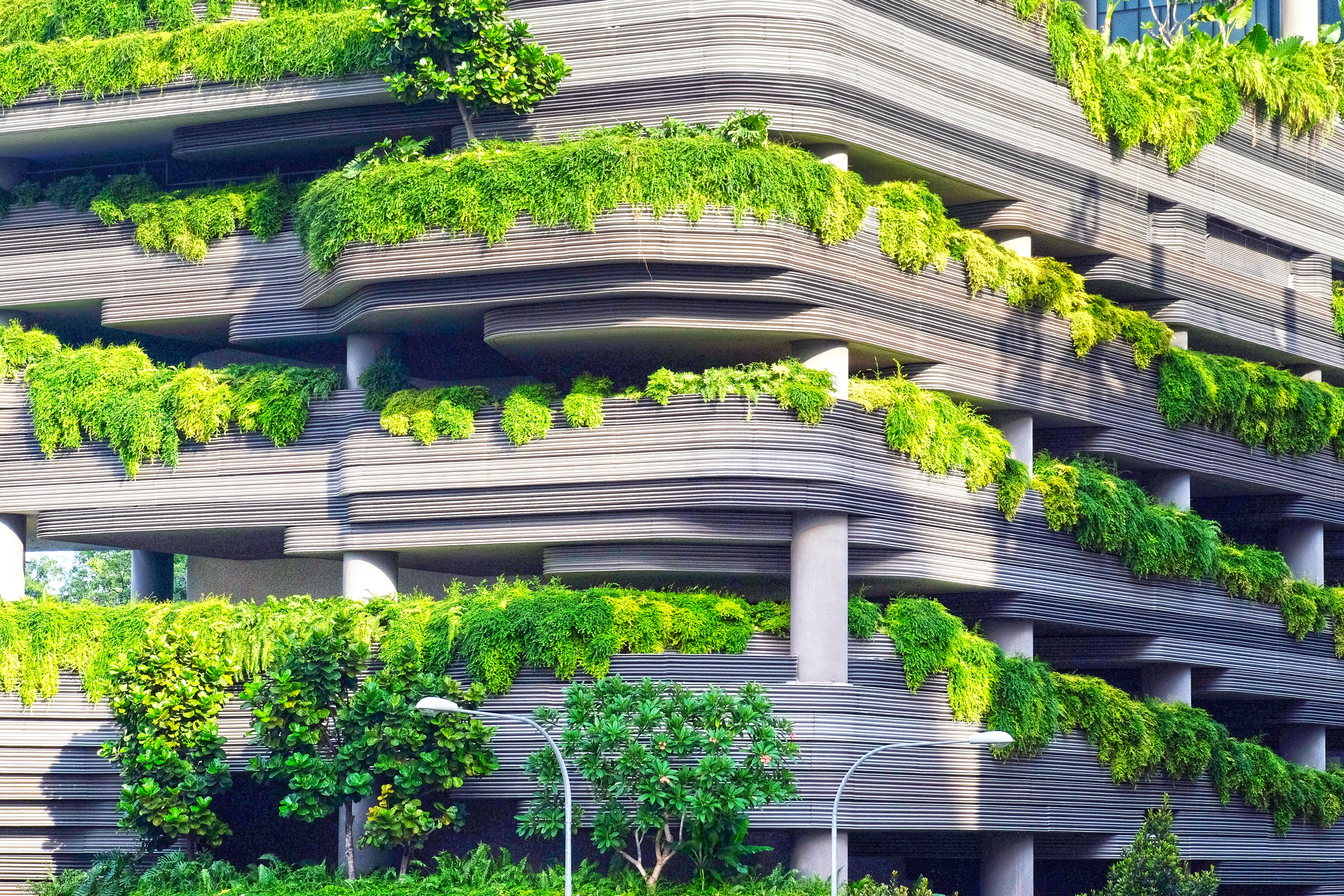 A concrete parking structure with bright green, leafy plants spilling out at every level.