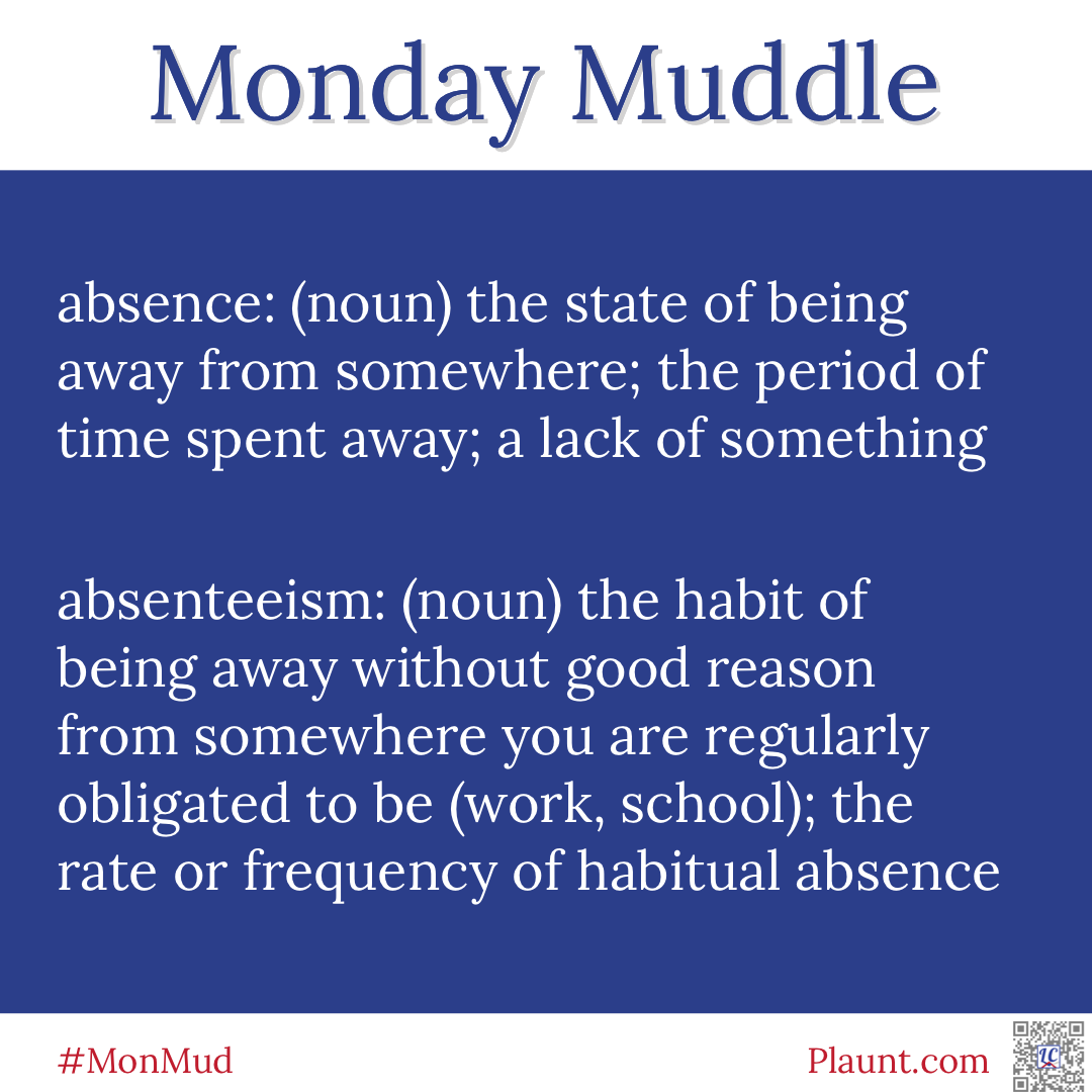 Monday Muddle: absence: (noun) the state of being away from somewhere; the period of time spent away; a lack of something absenteeism: (noun) the habit of being away without good reason from somewhere you are regularly obligated to be (work, school); the rate or frequency of habitual absence
