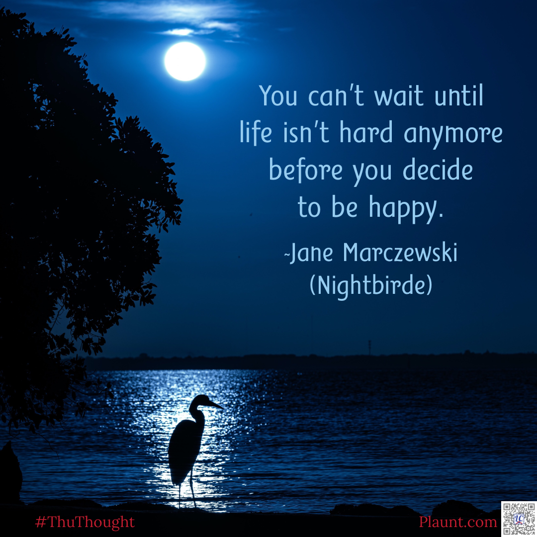 A dark blue sky reflects into a lake by the light of the moon. The silhouette of a heron can be seen in the band of moonlight. Caption: You can't wait until life isn't hard anymore before you decide to be happy. ~Jane Marczewski (Nightbirde)