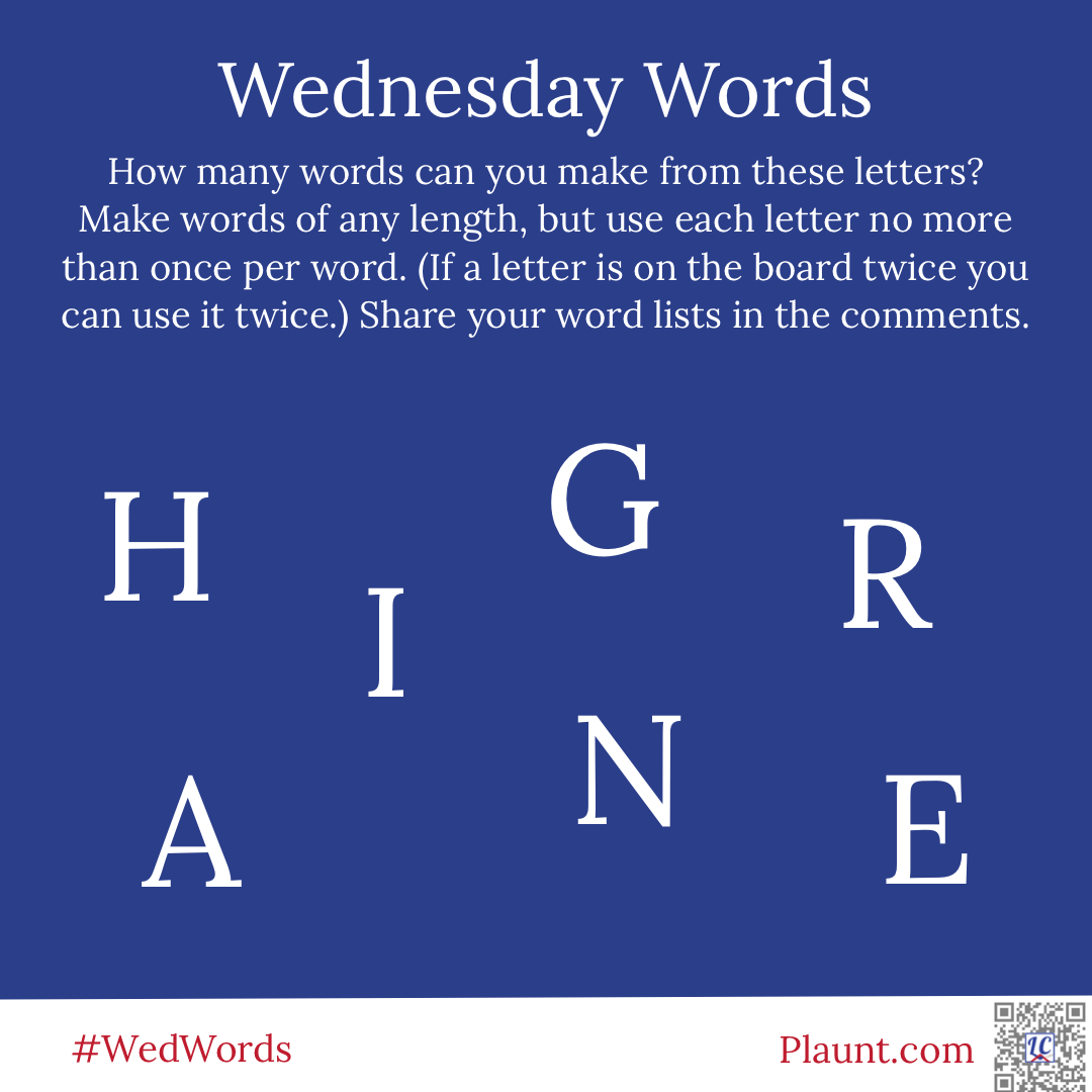Wednesday Words How many words can you make from these letters? Make words of any length, but use each letter no more than once per word. (If a letter is on the board twice you can use it twice.) Share your word lists in the comments. H G R I A N E