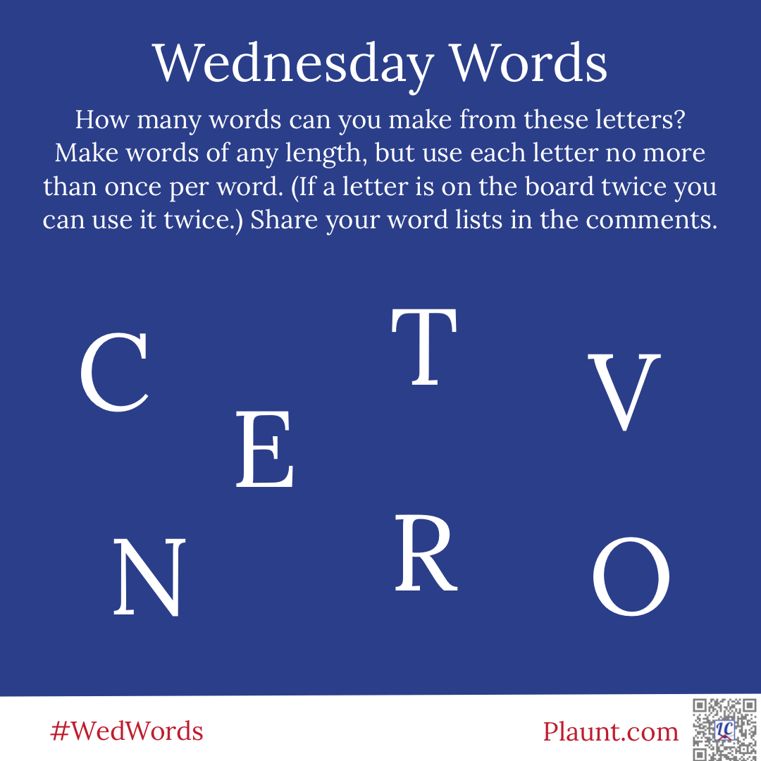 Wednesday Words How many words can you make from these letters? Make words of any length, but use each letter no more than once per word. (If a letter is on the board twice you can use it twice.) Share your word lists in the comments. C T V E N R O