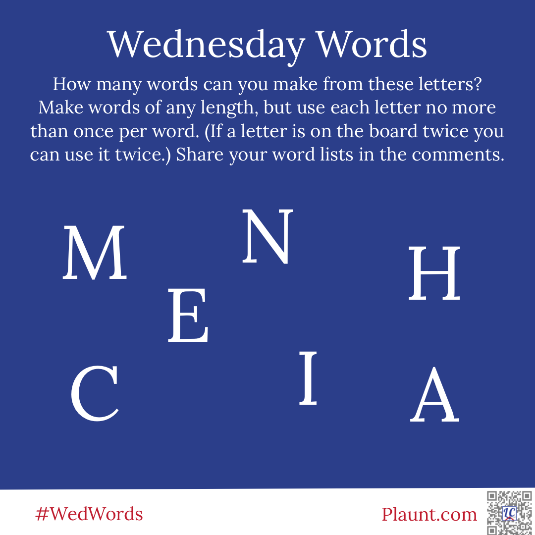 Wednesday Words How many words can you make from these letters? Make words of any length, but use each letter no more than once per word. (If a letter is on the board twice you can use it twice.) Share your word lists in the comments.M N H C E I A