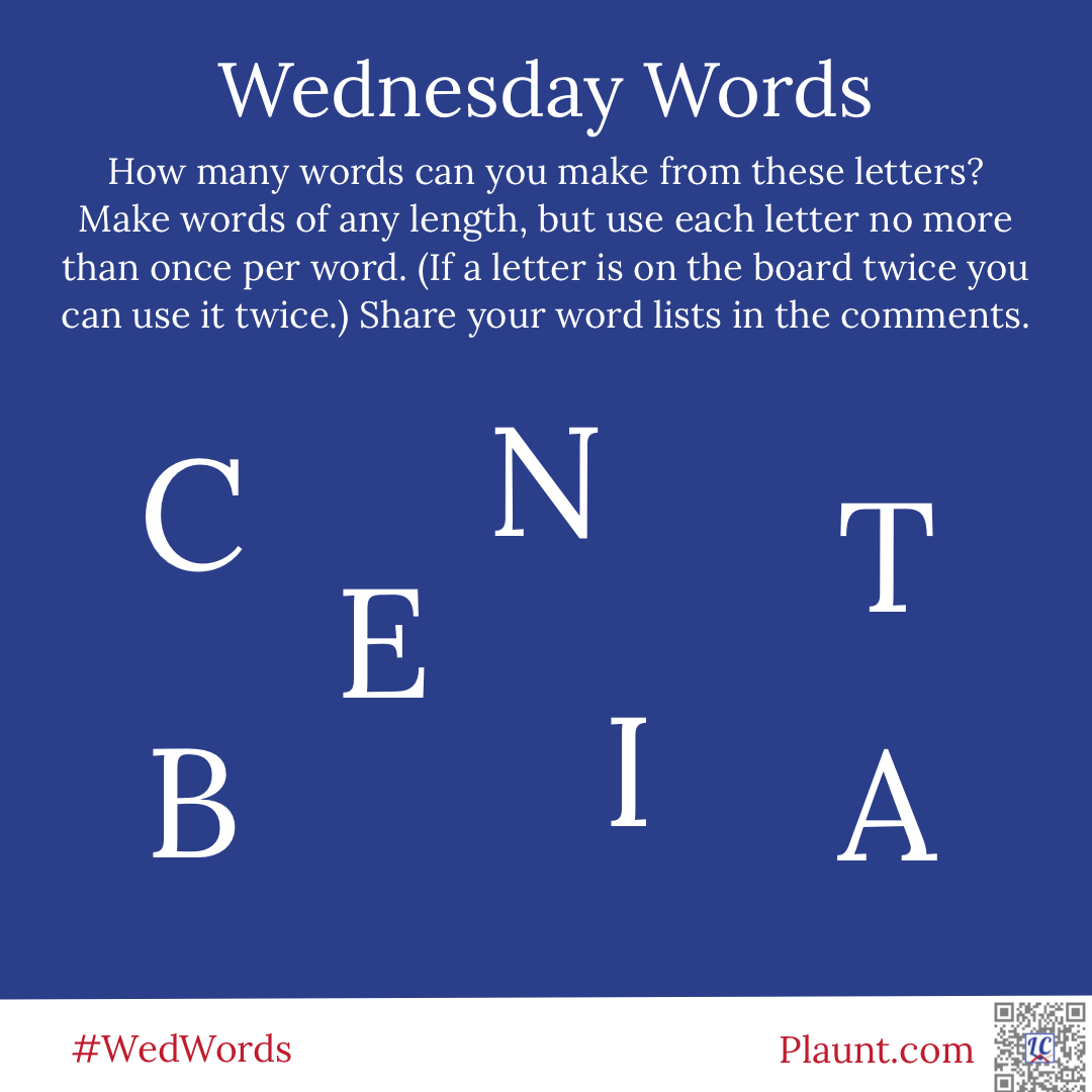 Wednesday Words How many words can you make from these letters? Make words of any length, but use each letter no more than once per word. (If a letter is on the board twice you can use it twice.) Share your word lists in the comments. C N T B E I A