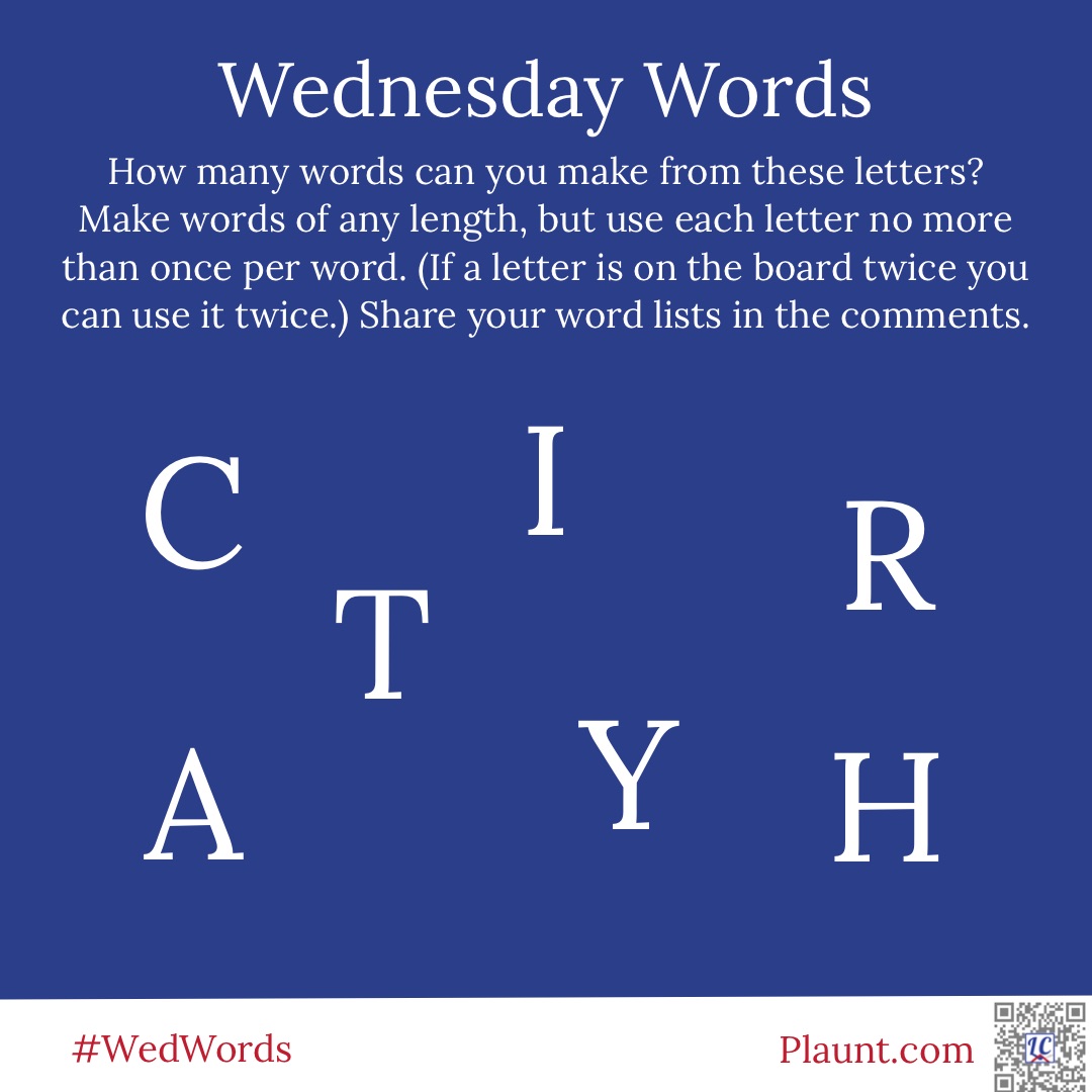 How many words can you make from these letters? Make words of any length, but use each letter no more than once per word. (If a letter is on the board twice you can use it twice.) Share your word lists in the comments. C I R A T Y H
