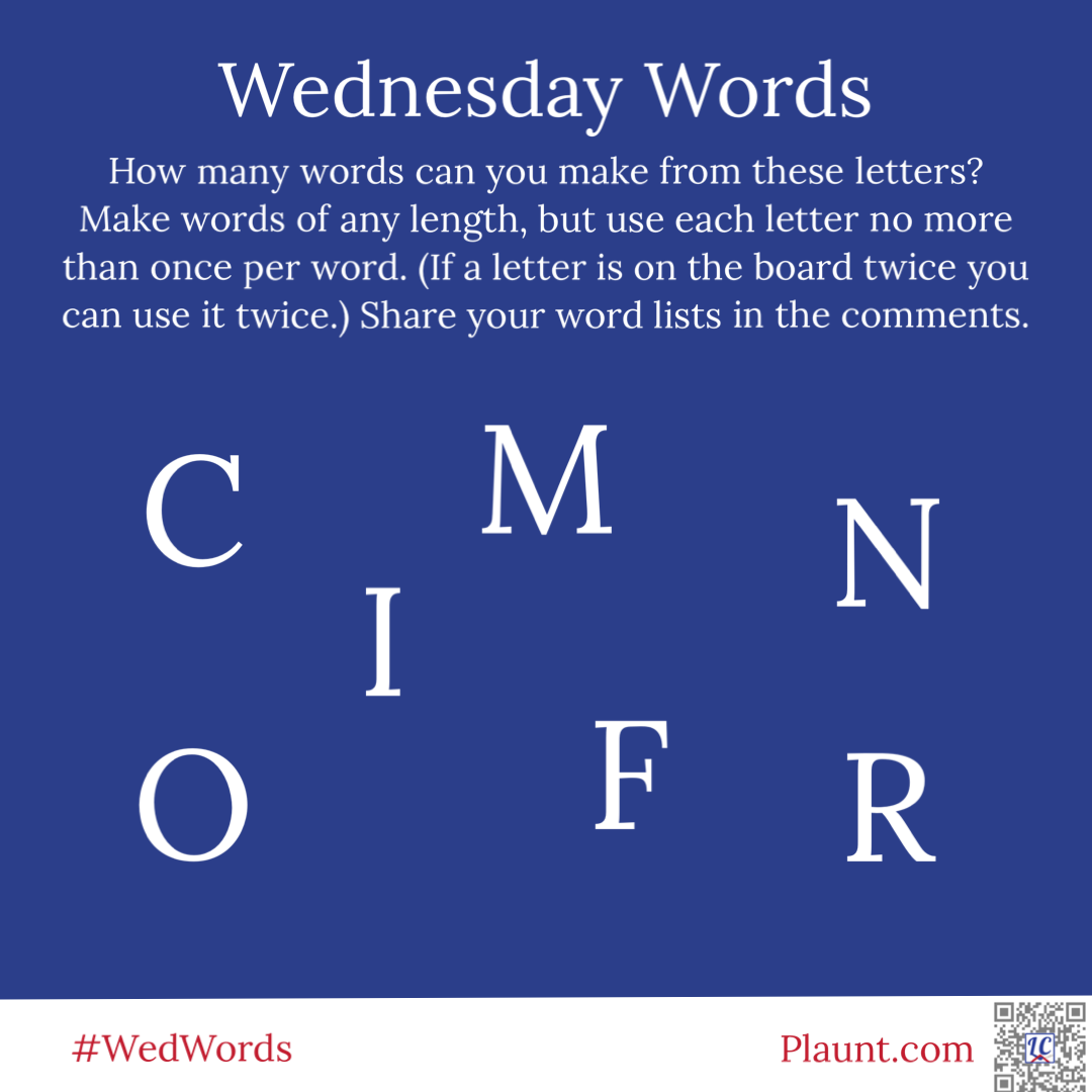 Wednesday Words How many words can you make from these letters? Make words of any length, but use each letter no more than once per word. (If a letter is on the board twice you can use it twice.) Share your word lists in the comments. C M N I O R F