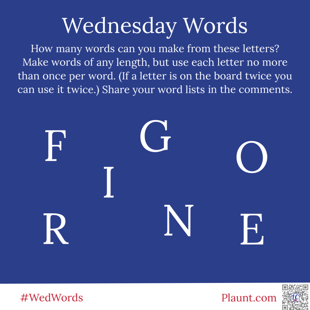 Wednesday Words How many words can you make from these letters? Make words of any length, but use each letter no more than once per word. (If a letter is on the board twice you can use it twice.) Share your word lists in the comments. F G 0 I R N E