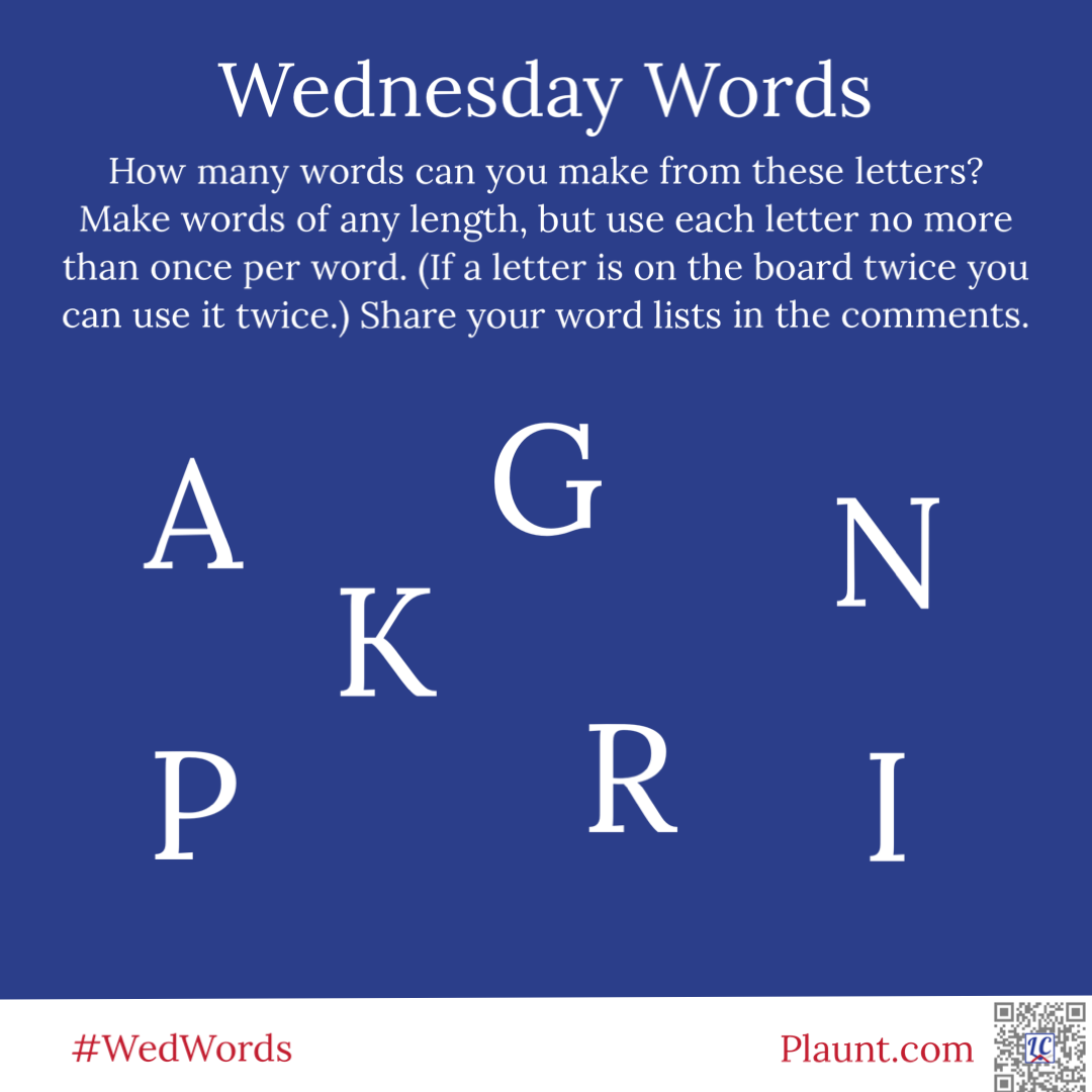 Wednesday Words How many words can you make from these letters? Make words of any length, but use each letter no more than once per word. (If a letter is on the board twice you can use it twice.) Share your word lists in the comments. A G K N P R I