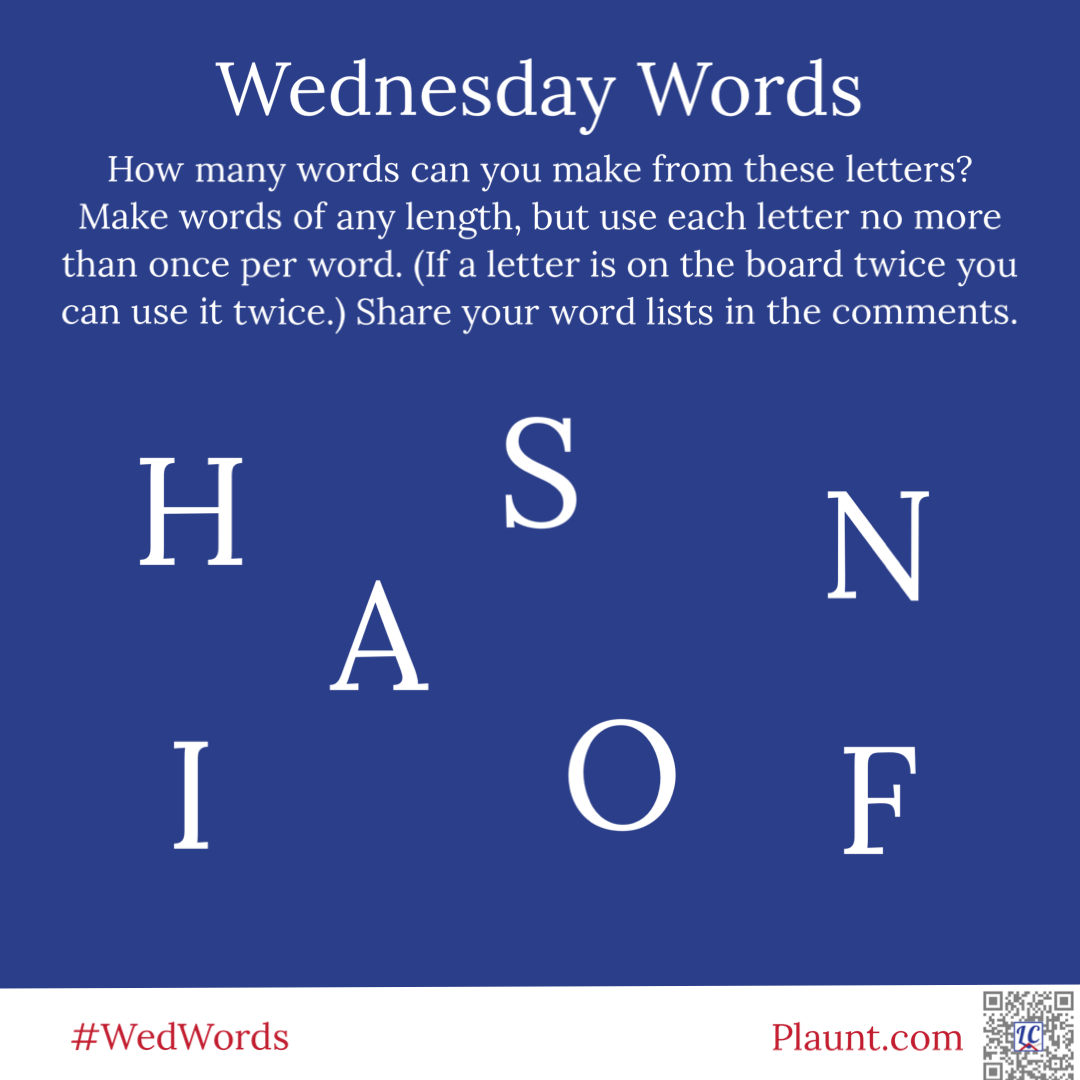 How many words can you make from these letters? Make words of any length, but use each letter no more than once per word. (If a letter is on the board twice you can use it twice.) Share your word lists in the comments. H S N A I O F