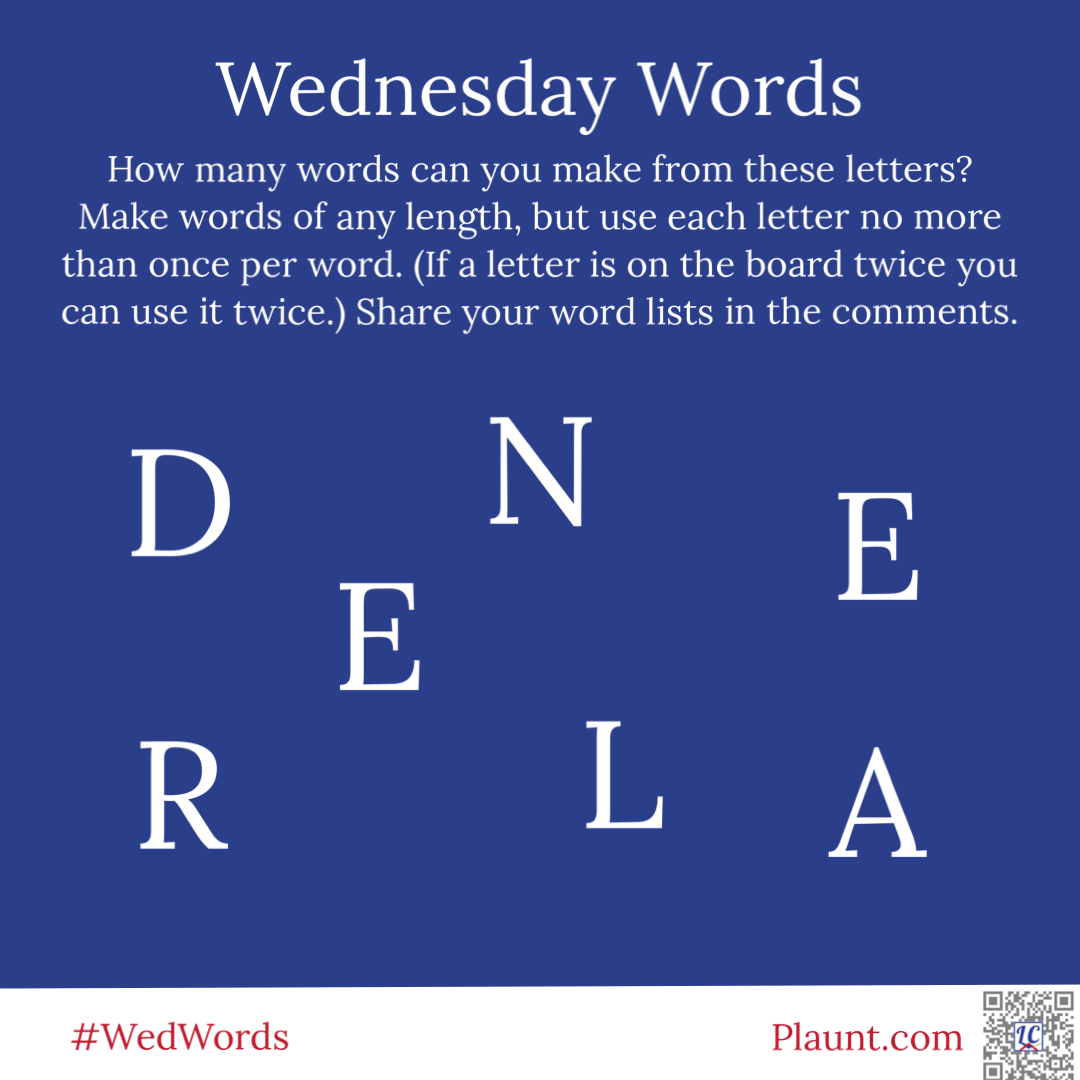Wednesday Words How many words can you make from these letters? Make words of any length, but use each letter no more than once per word. (If a letter is on the board twice you can use it twice.) Share your word lists in the comments. D N E E R L A