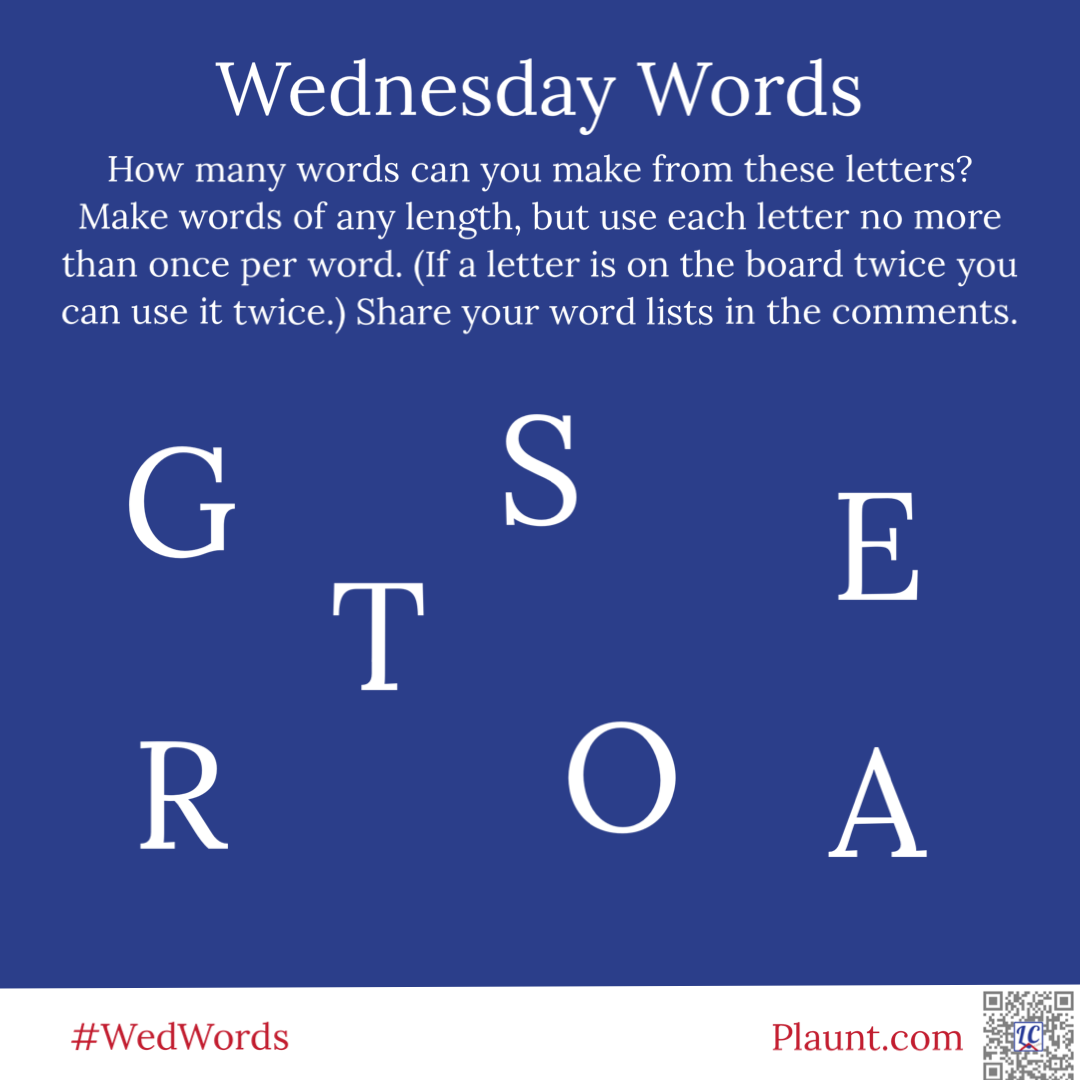 How many words can you make from these letters? Make words of any length, but use each letter no more than once per word. (If a letter is on the board twice you can use it twice.) Share your word lists in the comments. G S E T R O A