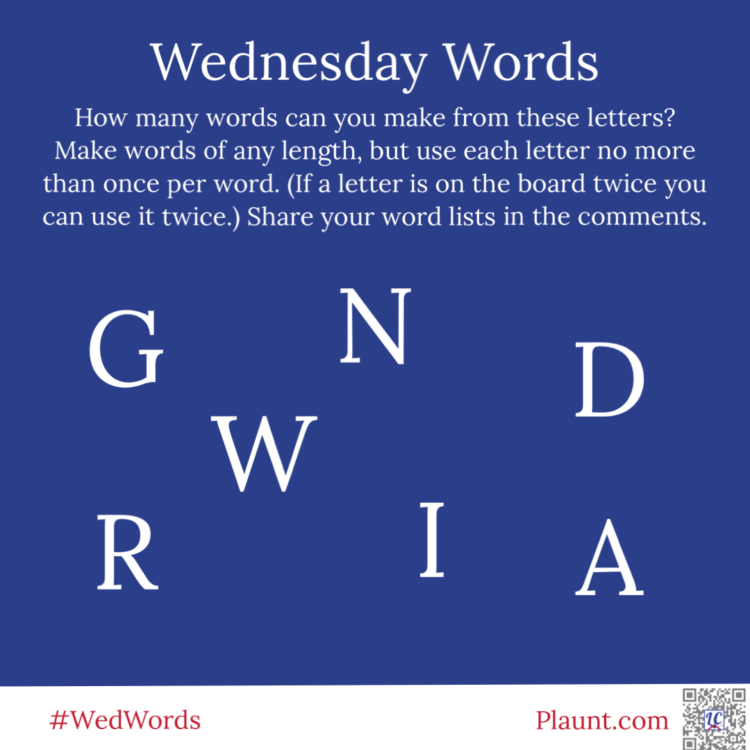 How many words can you make from these letters? Make words of any length, but use each letter no more than once per word. (If a letter is on the board twice you can use it twice.) Share your word lists in the comments. G N D W R I A
