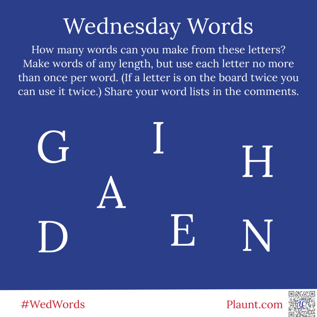 Wednesday Words How many words can you make from these letters? Make words of any length, but use each letter no more than once per word. (If a letter is on the board twice you can use it twice.) Share your word lists in the comments. G I H A D E N