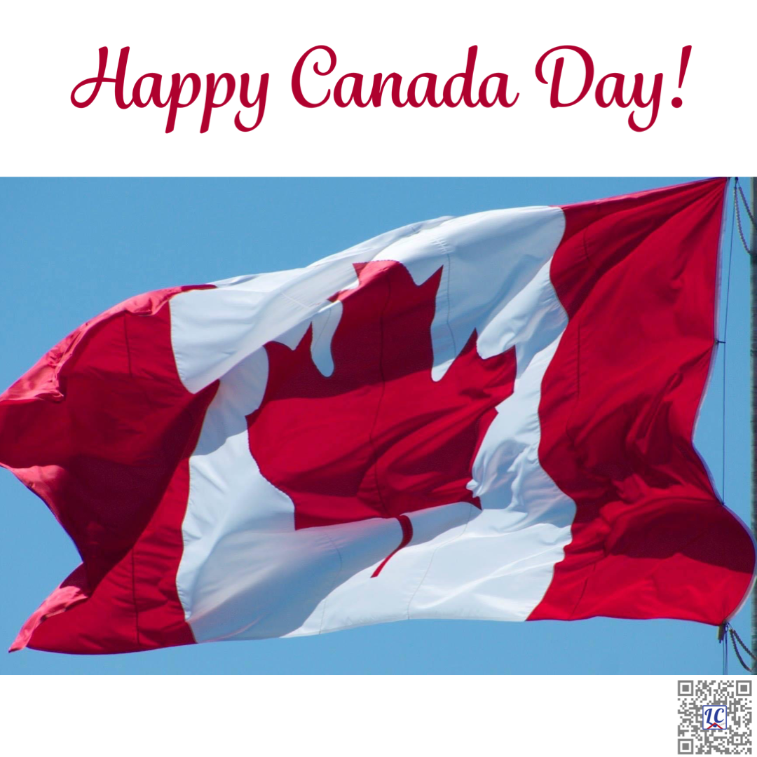 A Canadian flag against a blue sky. Caption: Happy Canada Day!