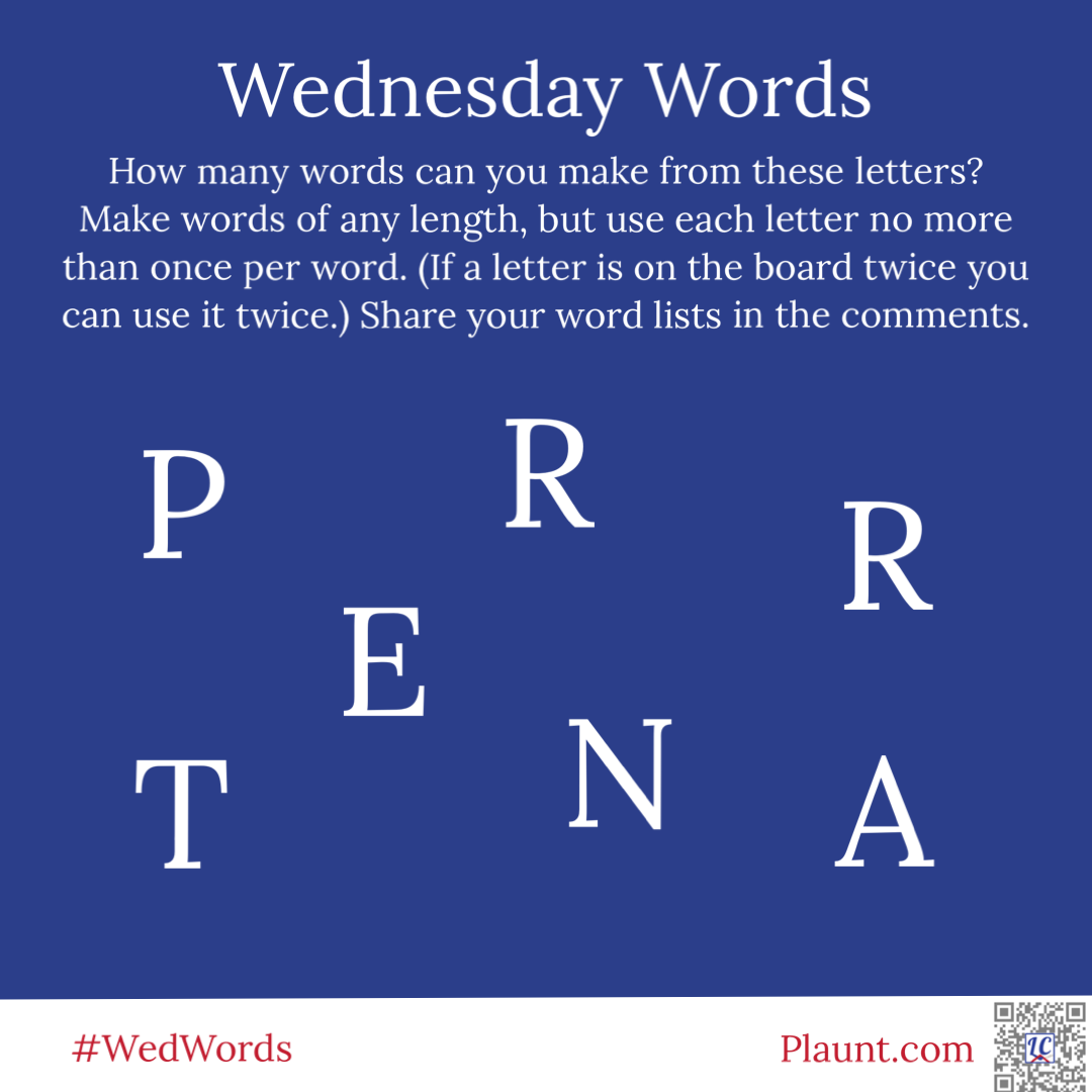 Wednesday Words How many words can you make from these letters? Make words of any length, but use each letter no more than once per word. (If a letter is on the board twice you can use it twice.) Share your word lists in the comments. P T R R E N A