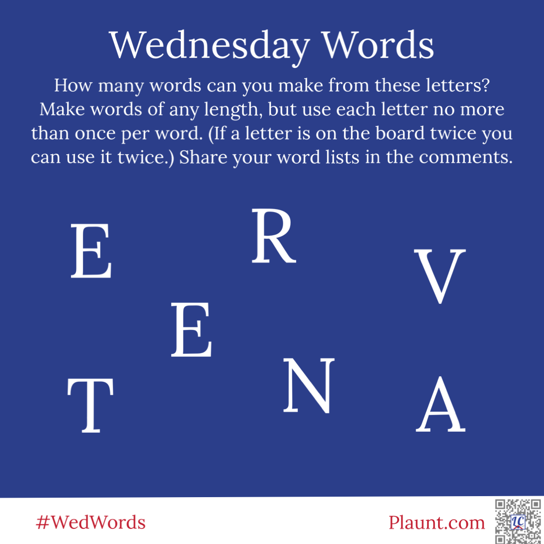 How many words can you make from these letters? Make words of any length, but use each letter no more than once per word. (If a letter is on the board twice you can use it twice.) Share your word lists in the comments. E R V E T N A