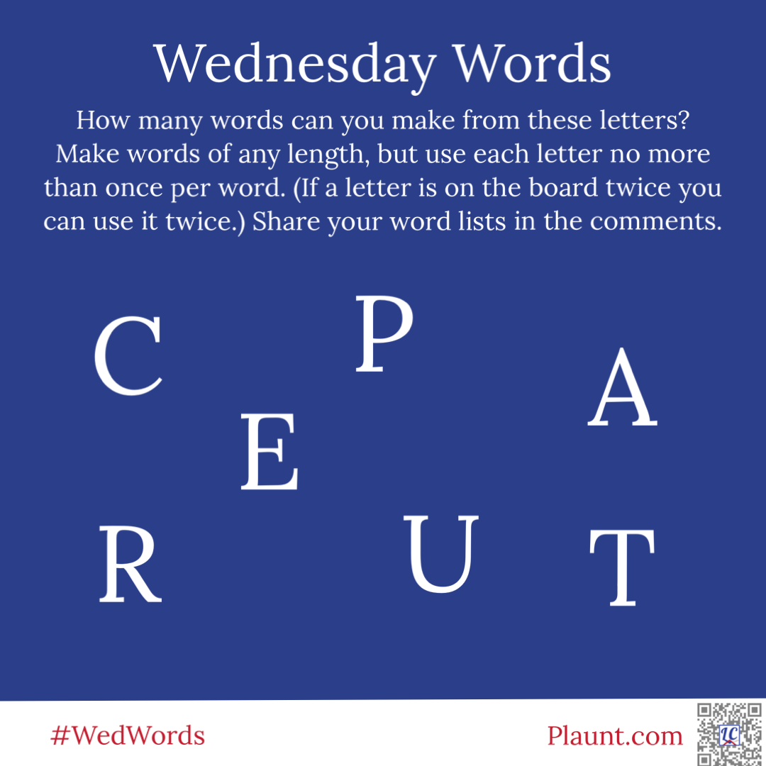 How many words can you make from these letters? Make words of any length, but use each letter no more than once per word. (If a letter is on the board twice you can use it twice.) Share your word lists in the comments. C P A E R U T