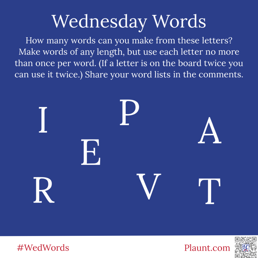 Wednesday Words How many words can you make from these letters? Make words of any length, but use each letter no more than once per word. (If a letter is on the board twice you can use it twice.) Share your word lists in the comments. I P A E R V T
