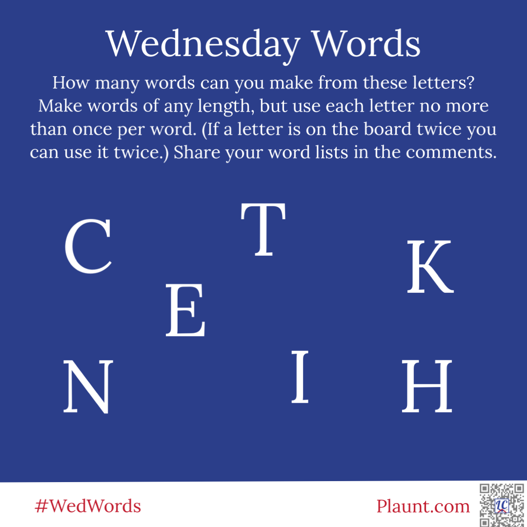 How many words can you make from these letters? Make words of any length, but use each letter no more than once per word. (If a letter is on the board twice you can use it twice.) Share your word lists in the comments. C T K N E I H