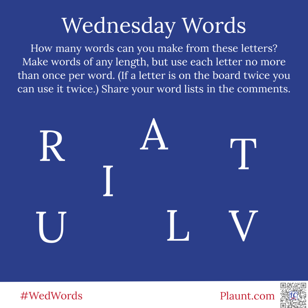 How many words can you make from these letters? Make words of any length, but use each letter no more than once per word. (If a letter is on the board twice you can use it twice.) Share your word lists in the comments. R I A T U L V