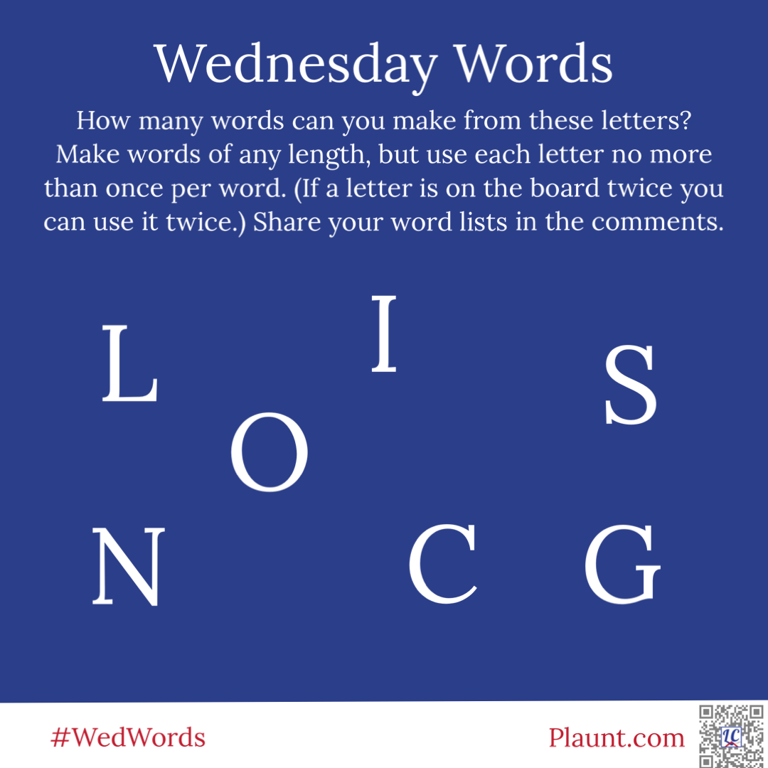 How many words can you make from these letters? Make words of any length, but use each letter no more than once per word. (If a letter is on the board twice you can use it twice.) Share your word lists in the comments. L O I S N C G