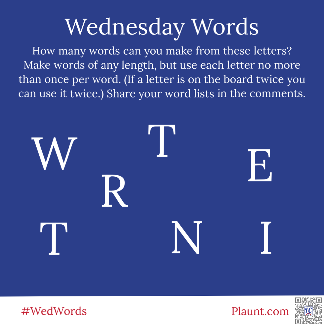 How many words can you make from these letters? Make words of any length, but use each letter no more than once per word. (If a letter is on the board twice you can use it twice.) Share your word lists in the comments. W R T E T N I