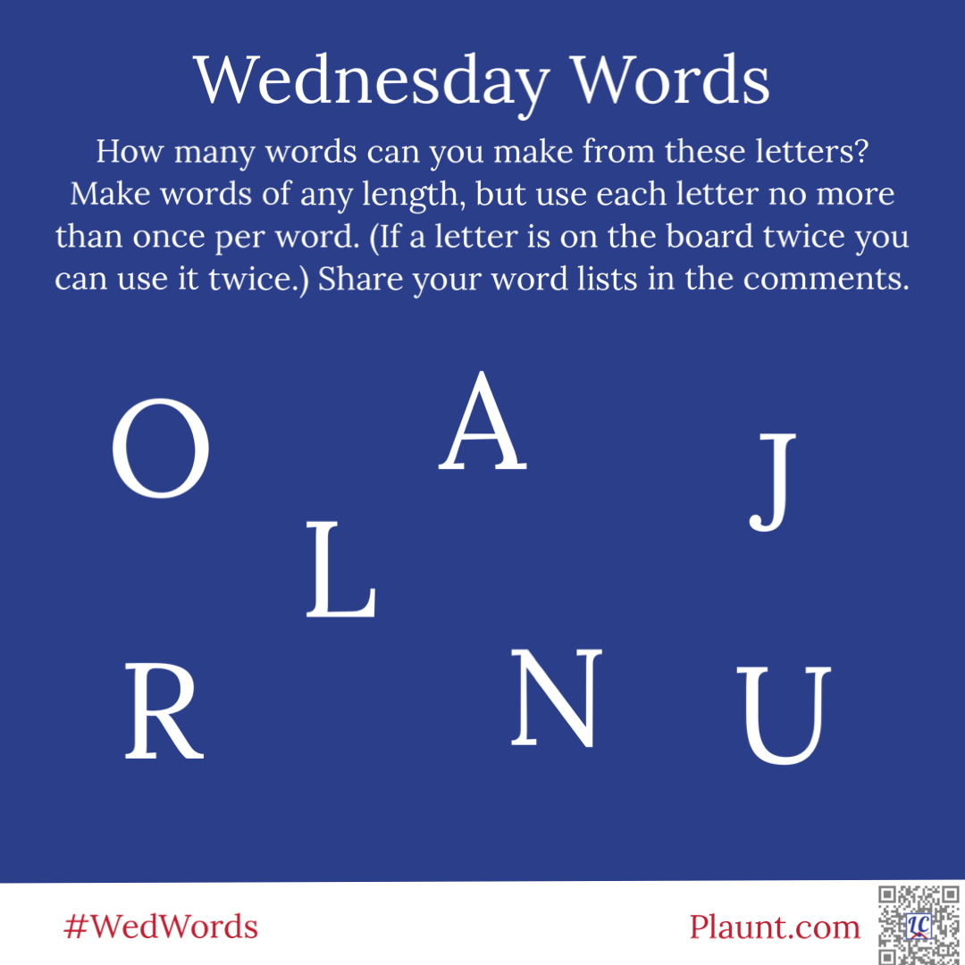 How many words can you make from these letters? Make words of any length, but use each letter no more than once per word. (If a letter is on the board twice you can use it twice.) Share your word lists in the comments. O L A J R N U