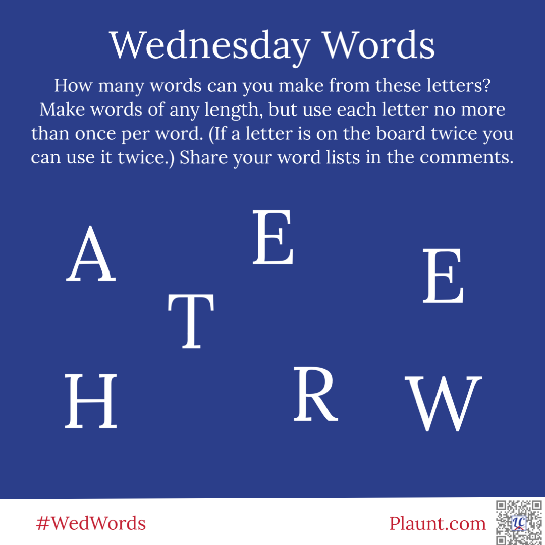 How many words can you make from these letters? Make words of any length, but use each letter no more than once per word. (If a letter is on the board twice you can use it twice.) Share your word lists in the comments. A T E E H R W
