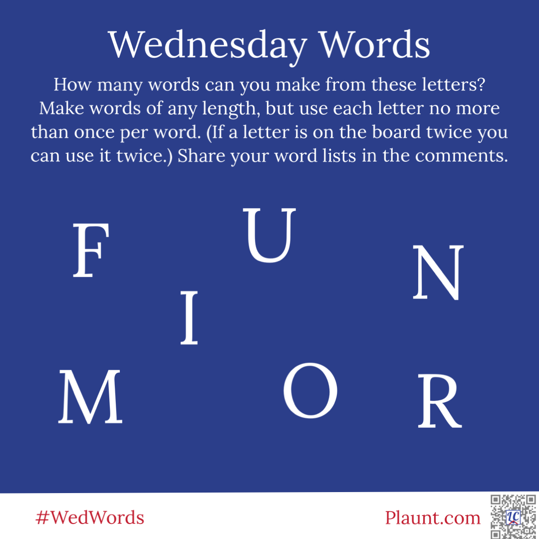 How many words can you make from these letters? Make words of any length, but use each letter no more than once per word. (If a letter is on the board twice you can use it twice.) Share your word lists in the comments. F I U N M O R